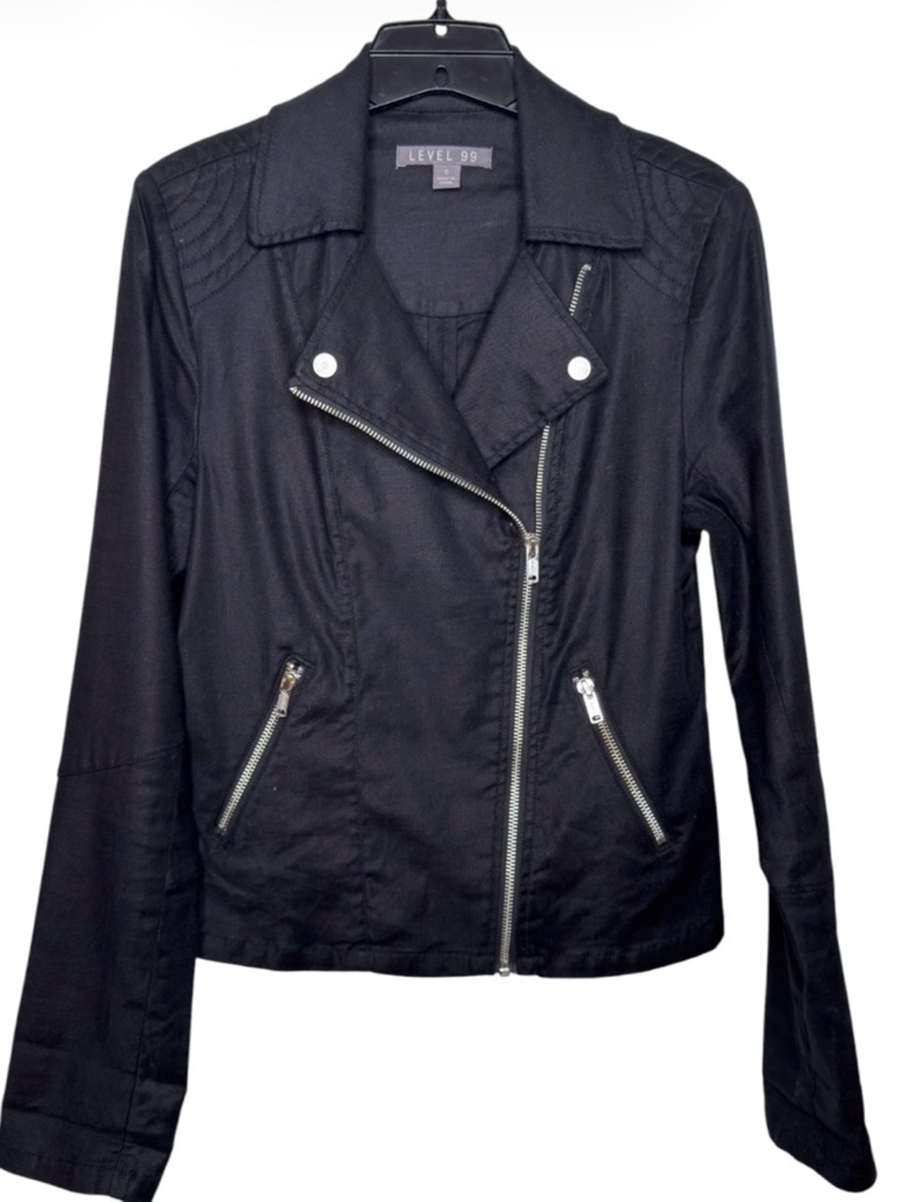 Level 99 Women’s Black Moto Jacket with Side Zip Biker Style Linen Sz Small